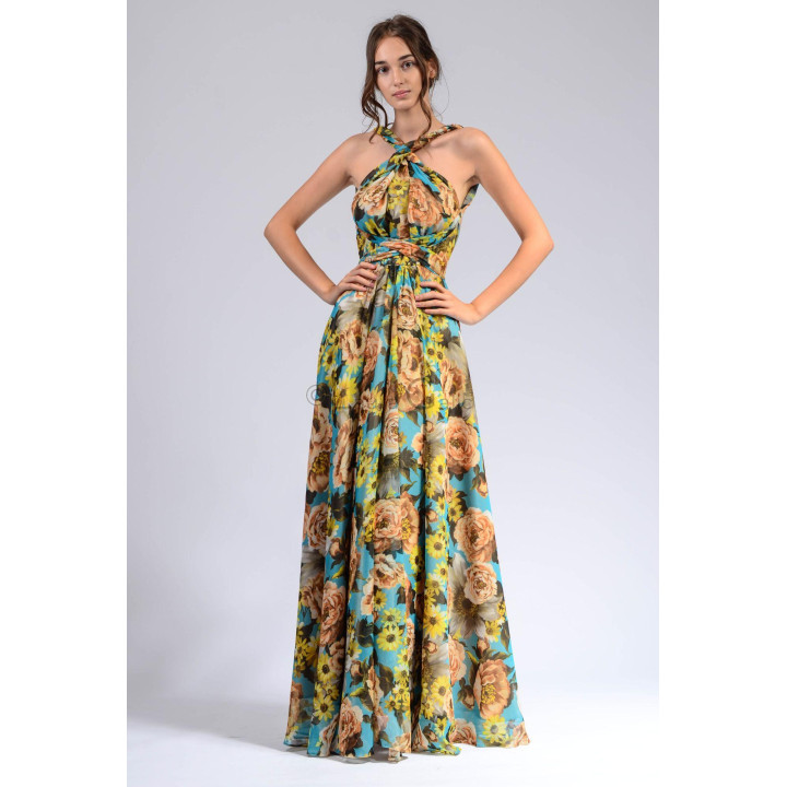 Rochie lungă Agnes 2 cu imprimeu floral și prindere încrucișată la gât