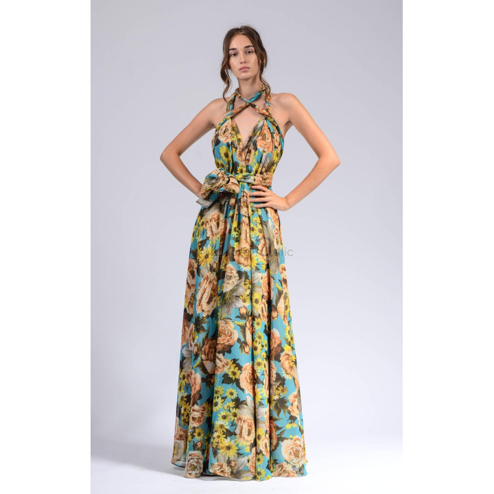 Agnes 2 dress with a deep neckline, adjustable ties and floral print