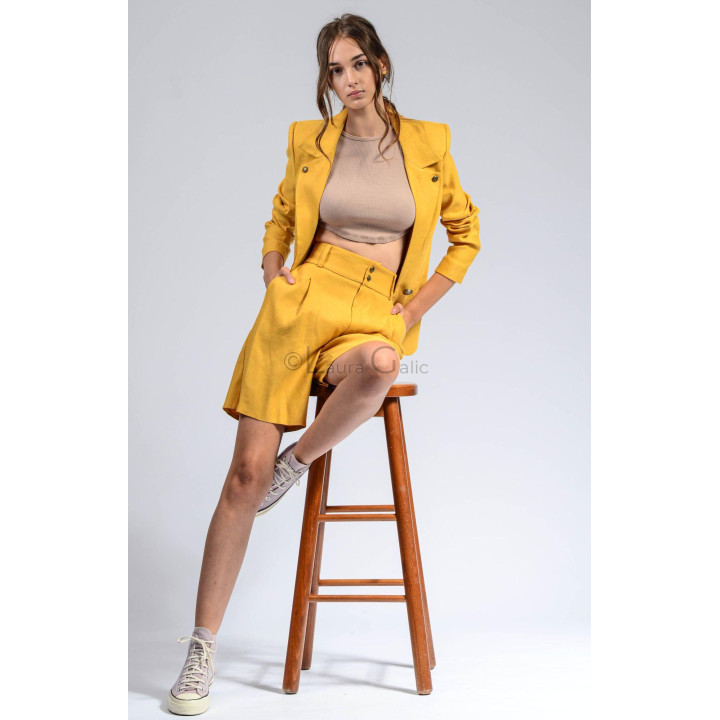 Ramona yellow linen suit with blazer and high-waisted shorts