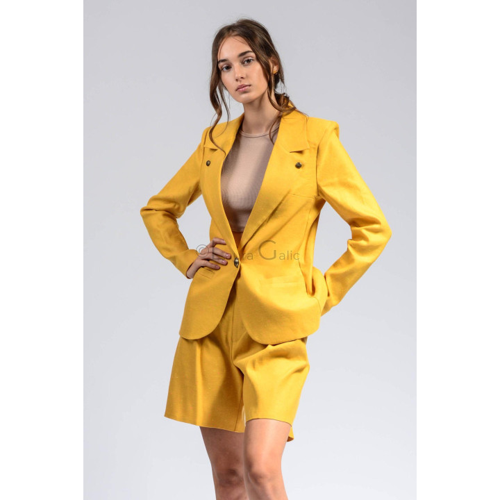 Yellow lapel blazer with flap pockets paired with Ramona shorts