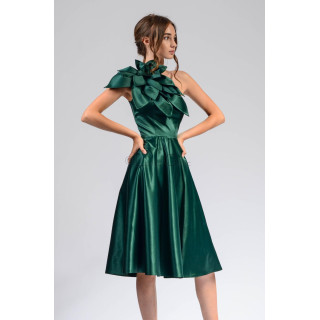 Rochia midi Izaura 5 verde închis, cu floare supradimensionată și fustă amplă