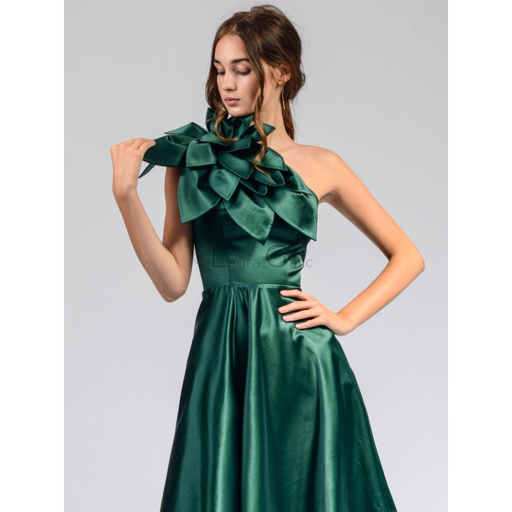 Close detail of the layered flower and asymmetric neckline on the Izaura 5 dress
