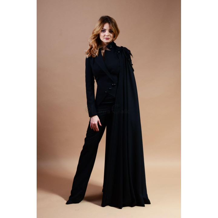 Women's Euridice suit with shoulder embellishment on the cape and black straight-leg trousers