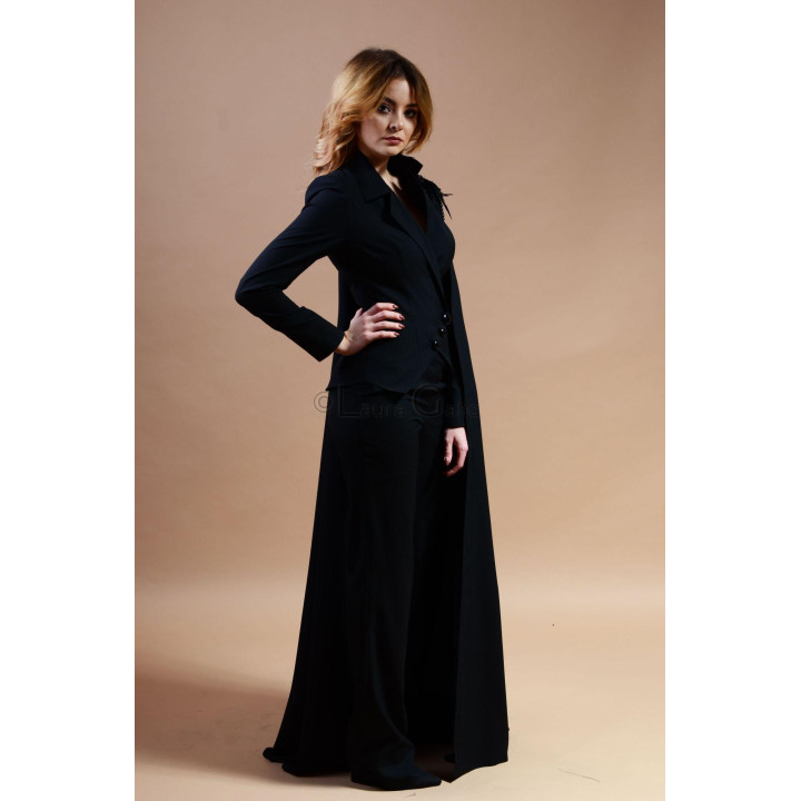 Side view of the black Euridice cape suit with straight-leg trousers