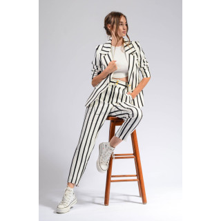 Pantaloni Zoot din in cu talie înaltă și dungi verticale negre, asortați cu sacou cu dungi