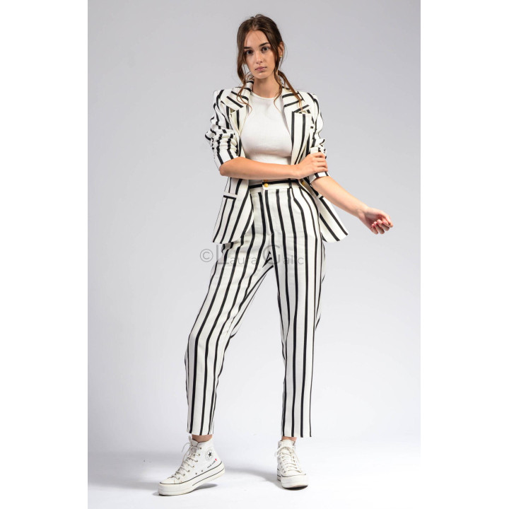 Pantalonii de damă Zoot din in, cu croială lejeră și imprimeu în dungi verticale