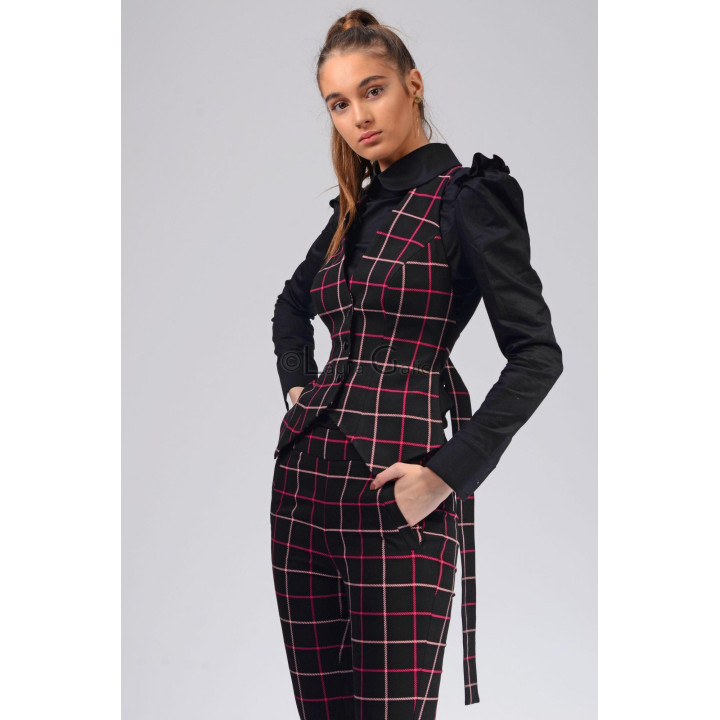 Black suit vest with pink plaid lines and an asymmetrical hem