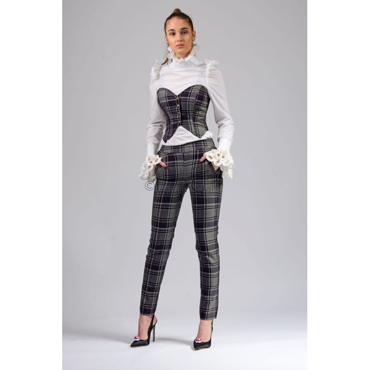 Vestă tip corset în carouri gri și bleumarin, cu decolteu în formă de inimă și nasturi