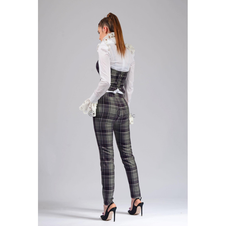 Back view of the grey and navy plaid corset-style vest