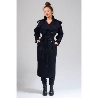 Tudora long dark navy coat with a waist belt and gold-tone buttons
