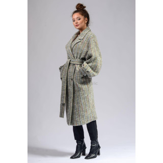 Laura wool coat with woven texture, waist belt and voluminous sleeves