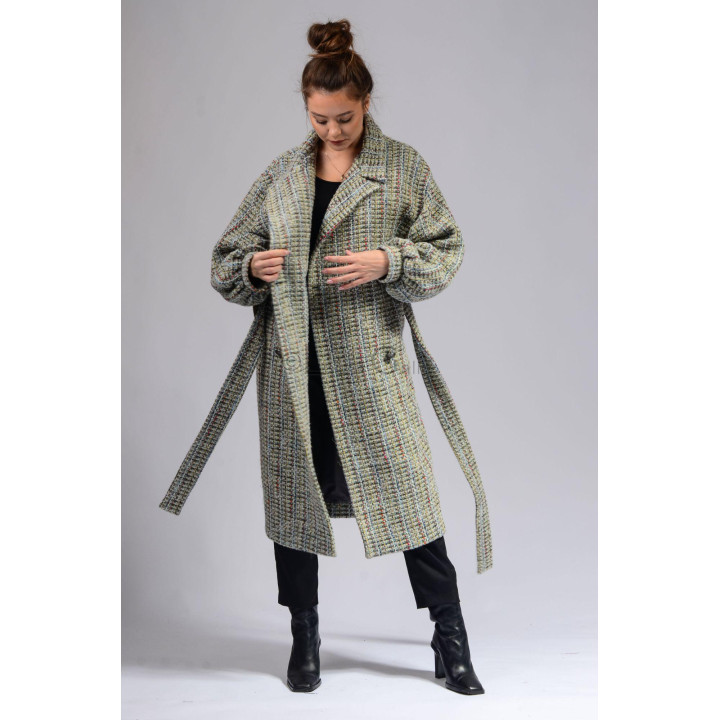 Open Laura coat with the belt untied and multicoloured threads in the fabric