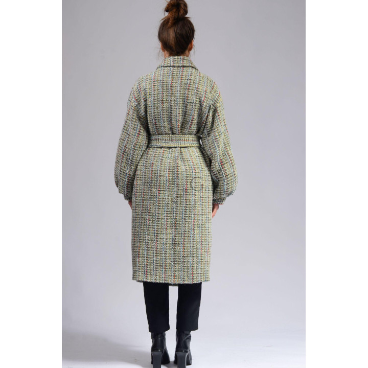 Back view of the long Laura coat with its waist belt