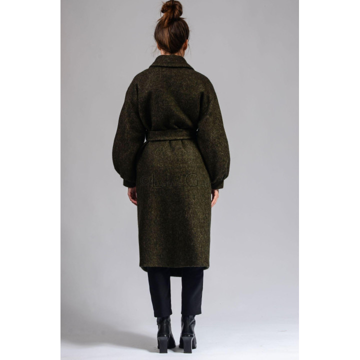 Back view of the Laura coat with a waist belt and long silhouette