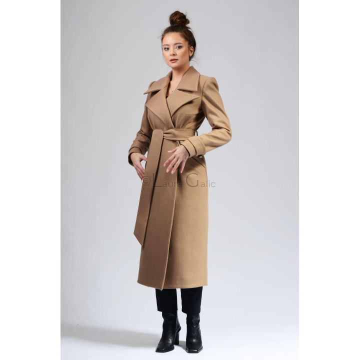 Front view of the Romanita 3 coat worn with the belt tied at the waist