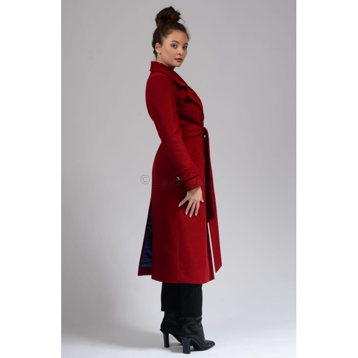 Side view of the Romanita 3 belted coat with contrasting lining