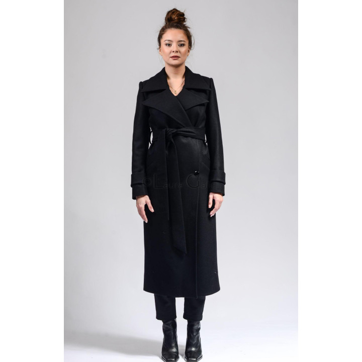 Romanita 3 black wool coat worn closed and tied at the waist