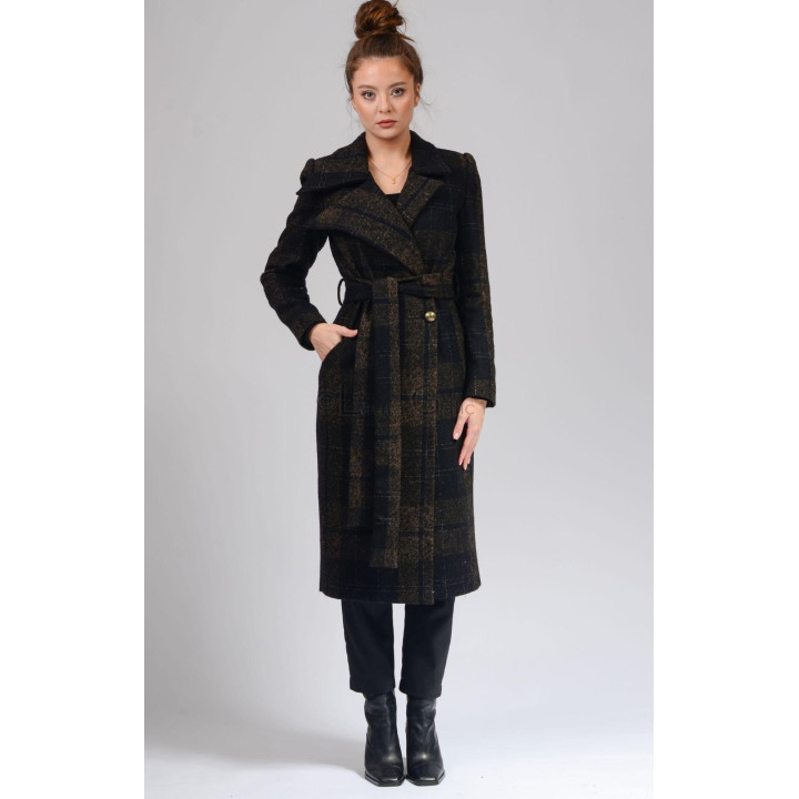 Romanita wool coat with a dark check pattern, waist belt and gold-tone button