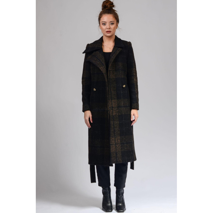 Romanita check coat worn open to show its wrap front and gold-tone buttons