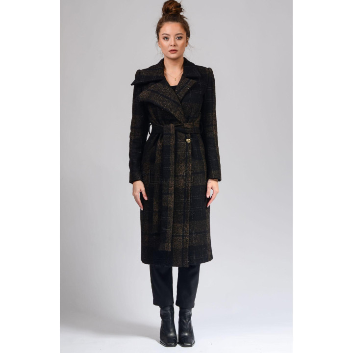 Romanita wool coat with check pattern and belt tied at the waist
