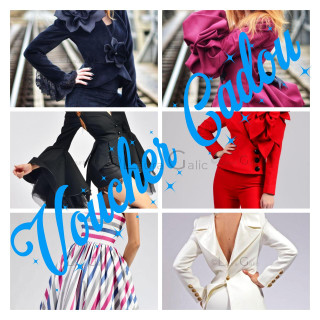 Laura Galic Gift Voucher graphic surrounded by images of fashion looks and clothing from the collection