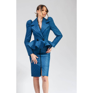 Costum Carmen 2 turquoise cu sacou matlasat, peplum și fustă creion cu fermoar frontal
