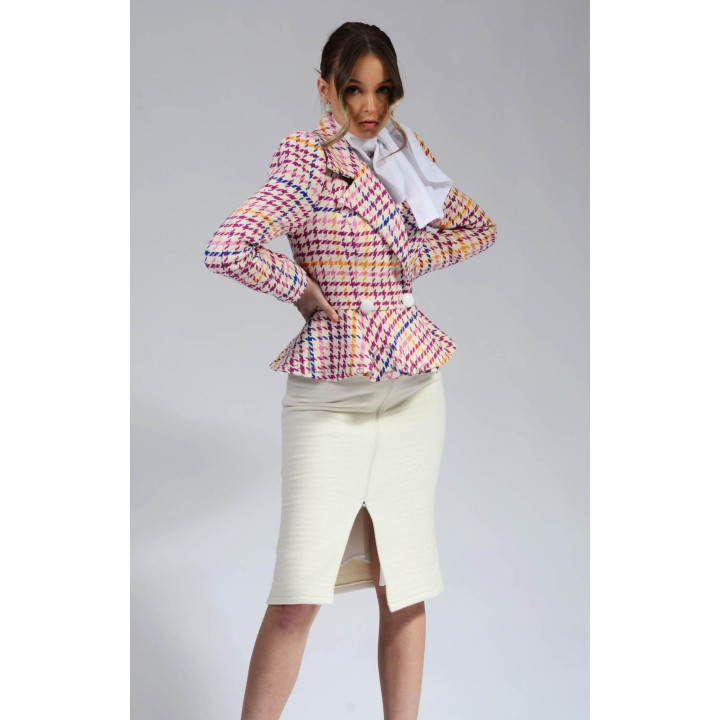Carmen 4 multi suit with a colourful peplum jacket and cream pencil skirt