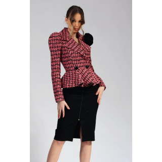 Carmen 4 suit with a pink-and-black peplum jacket and black pencil skirt