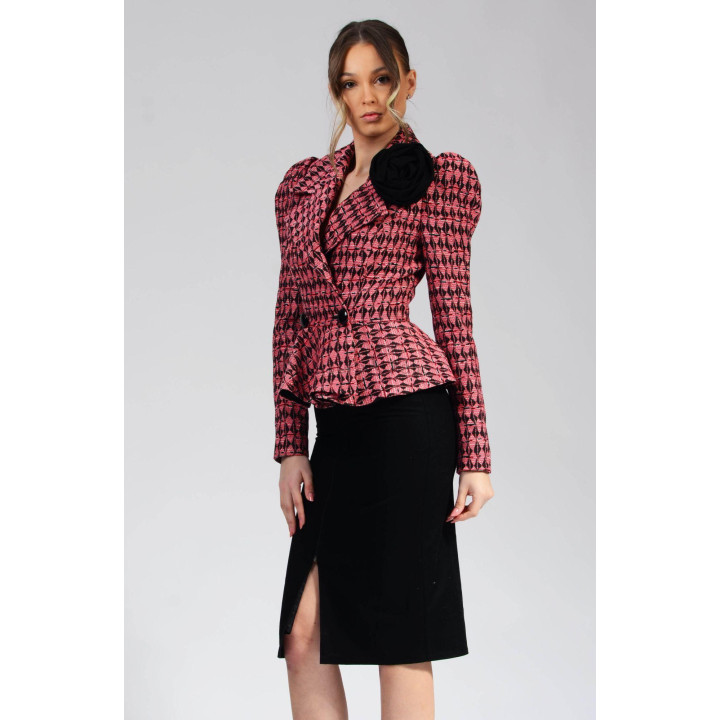 Carmen 4 patterned jacket with detachable black rose at the shoulder