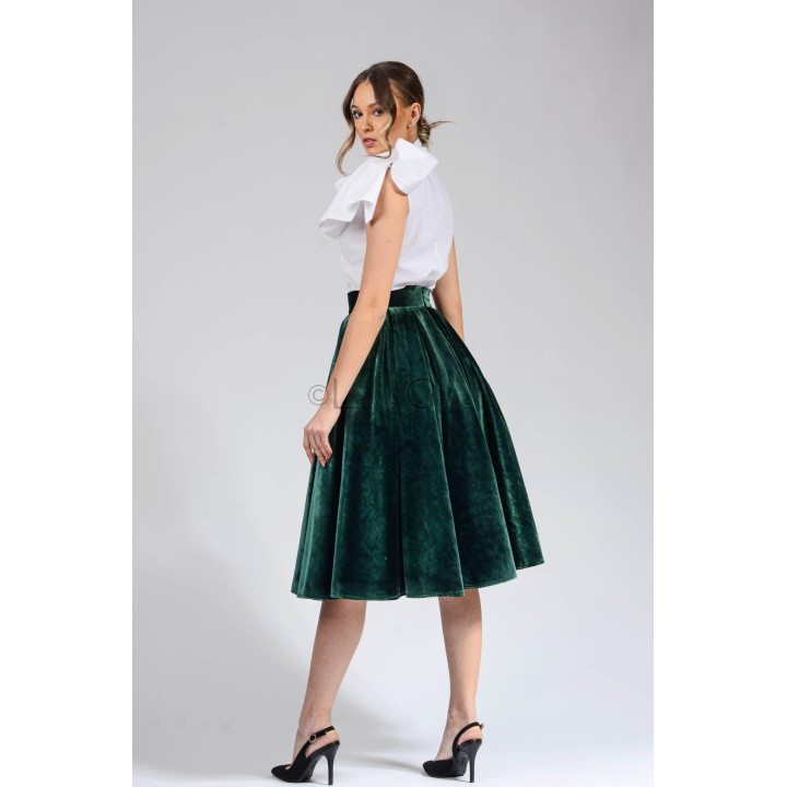 Marisa green velvet skirt shown from the back and side