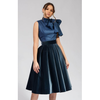 Marisa deep navy cotton velvet skirt with a fixed waistband and full pleated shape
