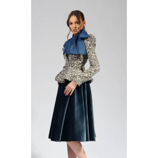 Carmen 7 skirt suit with fitted peplum jacket and full navy velvet skirt