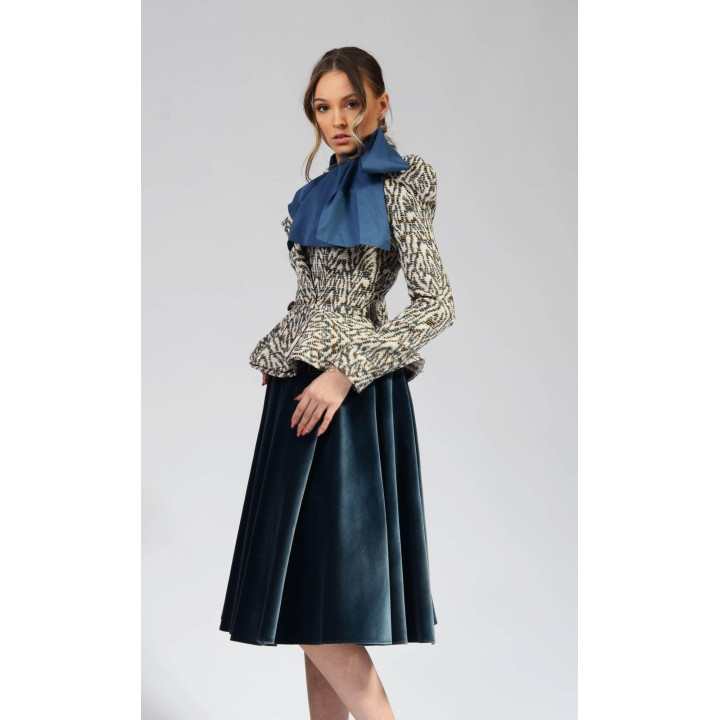 Carmen 7 skirt suit with fitted peplum jacket and full navy velvet skirt