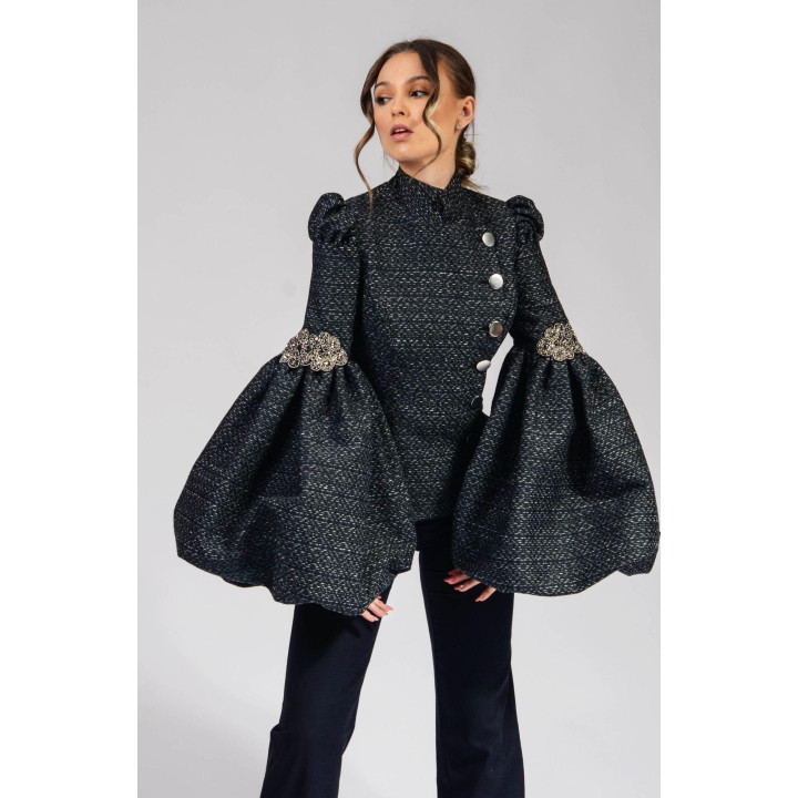 Freia 1 brocade jacket with decorative elbow appliqués and round front buttons