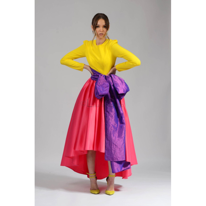 Front view of the Ingrid dress with long sleeves and a voluminous waist sash