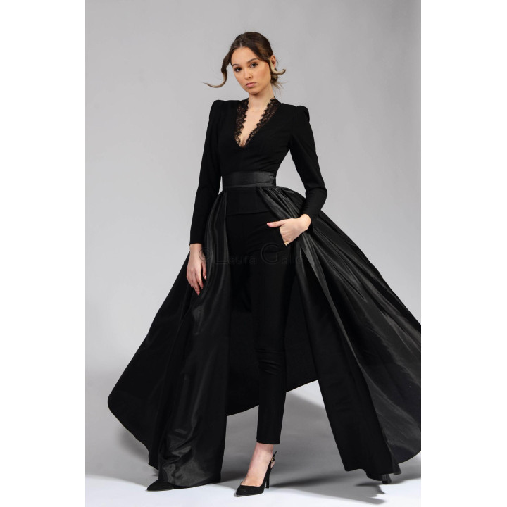 Black Aniela 2 ensemble with a lace-trimmed V-neck blouse and open taffeta train