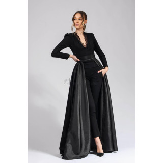 Aniela 2 black ensemble with trousers and long taffeta train, styled with a lace-trimmed blouse