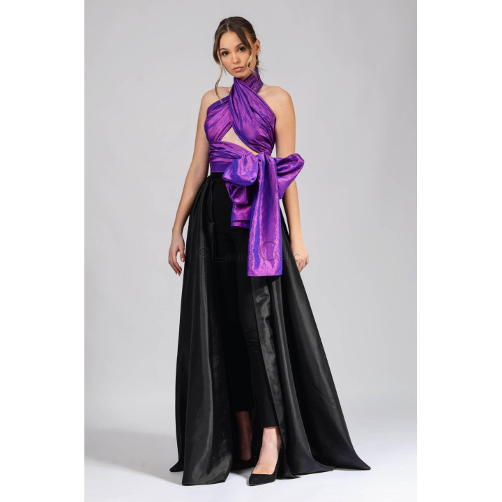 Pantalonii și trena detașabilă din compleul Aniela 3, accesorizate cu eșarfă mov