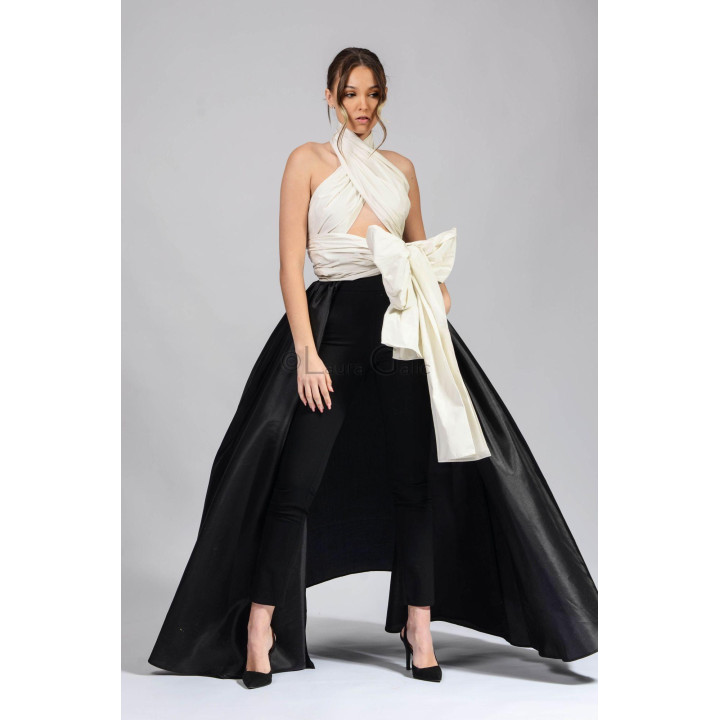 Aniela 3 ensemble with a white scarf styled in multiple ways and a detachable black train