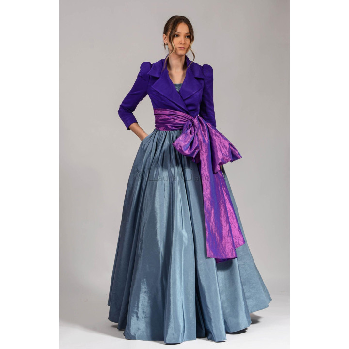 Suzana 1 purple jacket with wide lapels and defined shoulders, paired with a purple wrap
