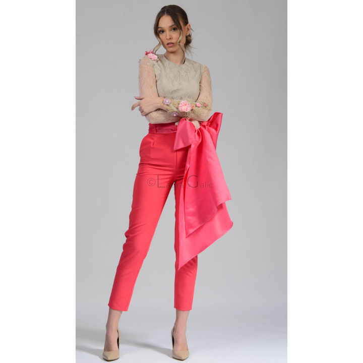 Carmina 1 nude lace blouse with long sleeves and floral appliqués on the shoulder and left cuff