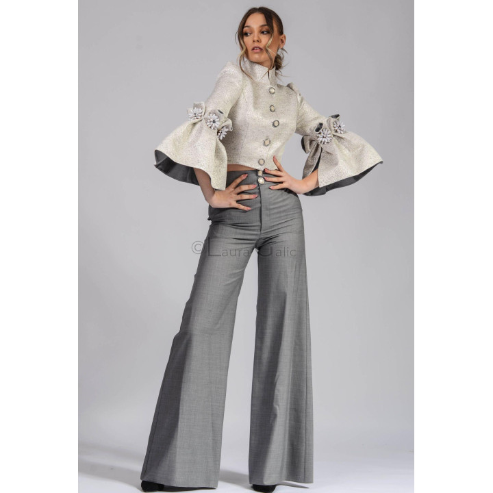 Grey Bell Long Trousers with a high waist and flared silhouette