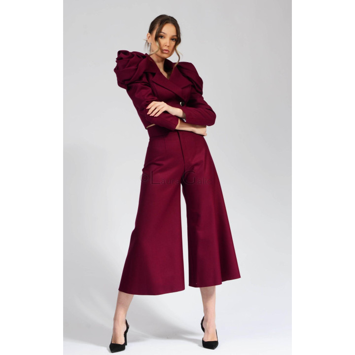 Burgundy Bell 3/4 Trousers with a high waist and flared legs, styled with a matching jacket