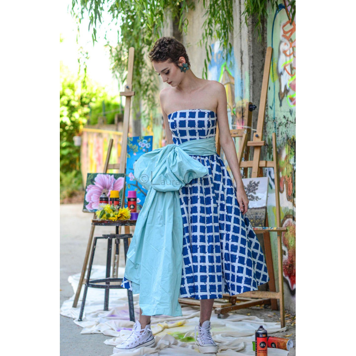 Strapless patterned bodice and detachable scarf on the Loredana 1 dress