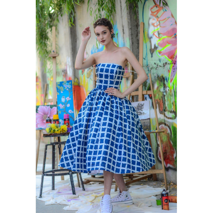 Loredana 1 strapless midi dress with a full geometric-patterned skirt