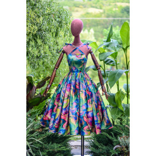 Loredana 4 midi dress with a full skirt and colourful abstract print