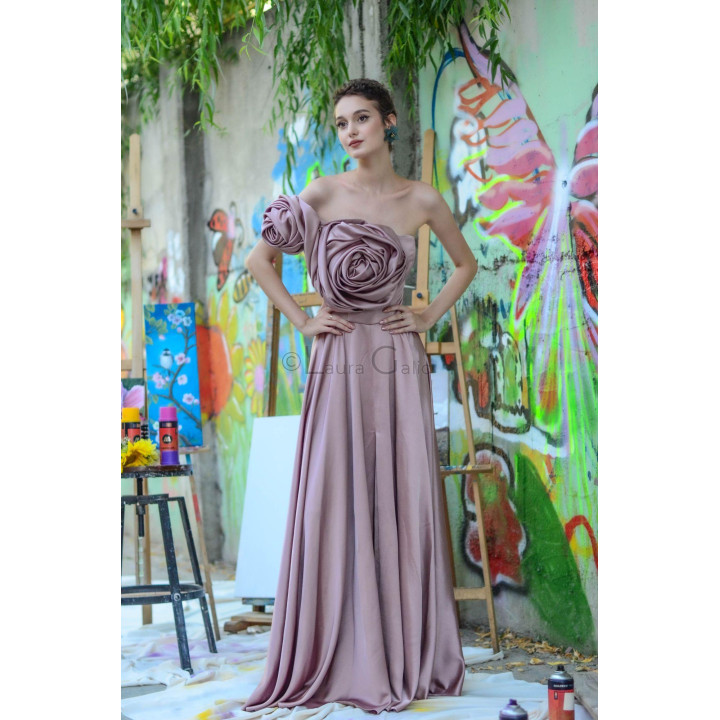 Front view of the Kendra long dress with a fitted waist and full skirt