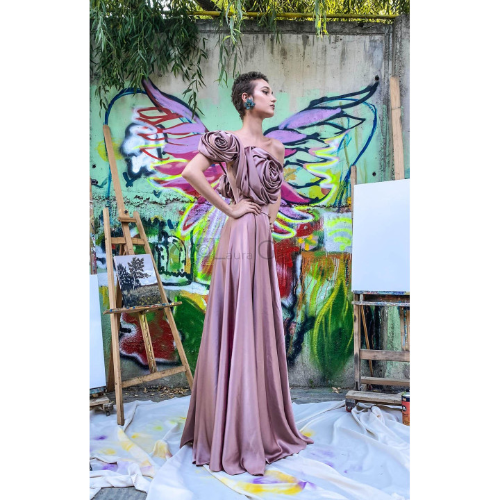 Kendra long dress with sculptural flowers arranged asymmetrically across the bodice