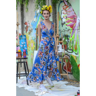 Chiara 3 wrap dress with a blue floral print and wide sash tied at the waist