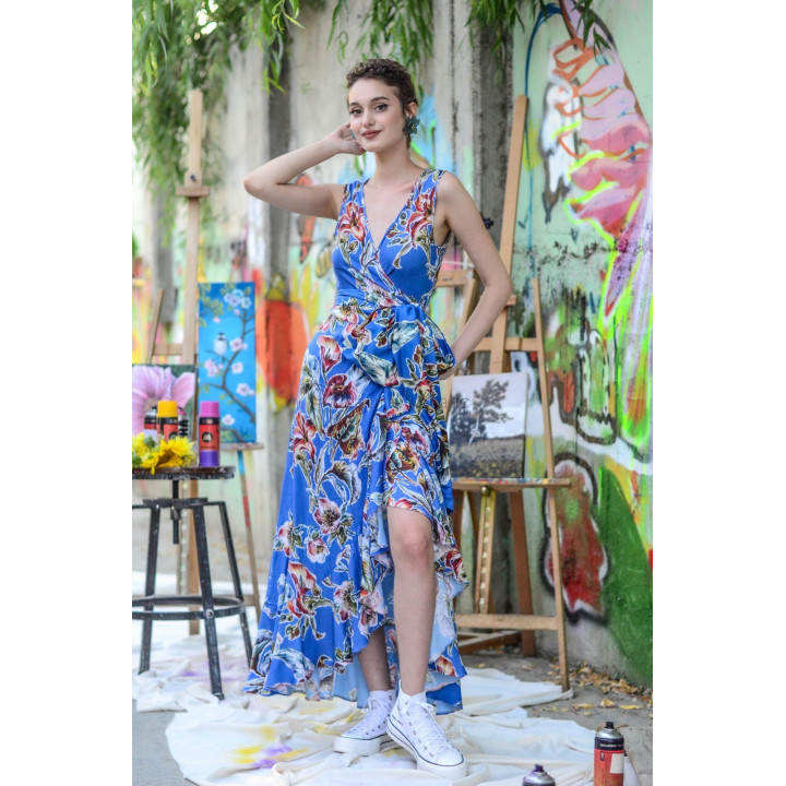 Rochie Chiara 3 cu decolteu în V și fustă asimetrică cu volane suprapuse